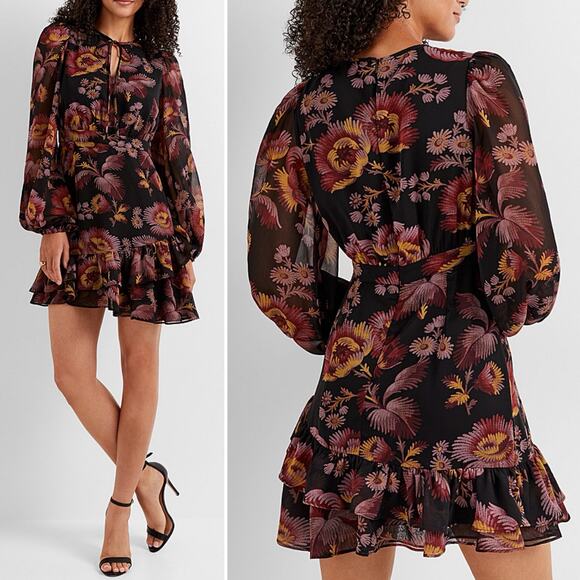 Ted Baker Dresses & Skirts - Ted Baker Piara Ruffled Floral Chiffon Long Sleeve Dress Black Peasant sz 0 NWT